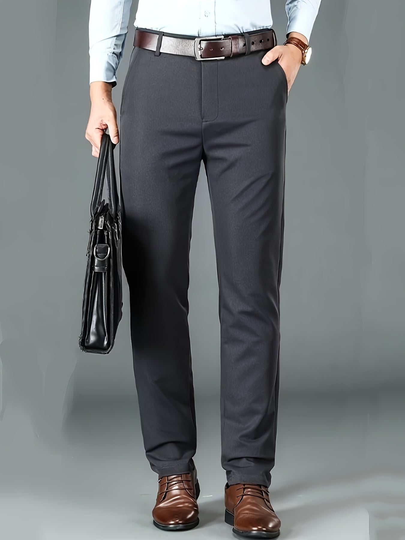 Men's Solid Color Slightly Stretch Formal Dress Pants For Business Office Occasions, All Seasons