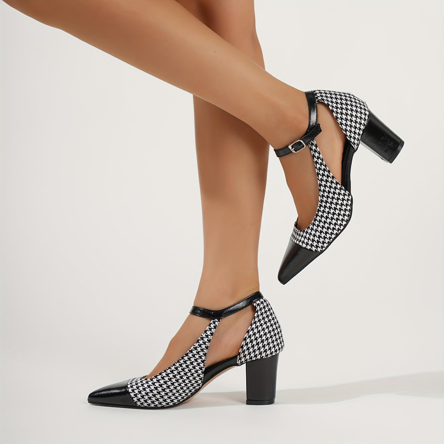 Women's Pointed Toe Pumps, Fashion Houndstooth D'Orsay Heels With Ankle Strap, Chic Contrast Color Block Heels