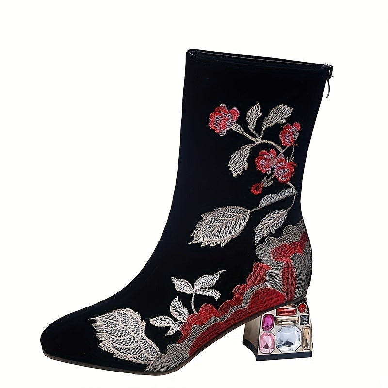 Women's Floral Embroidered Short Boots, Elegant Rhinestone Chunky Mid Heeled Boots, Fashion Baci Zipper Boots