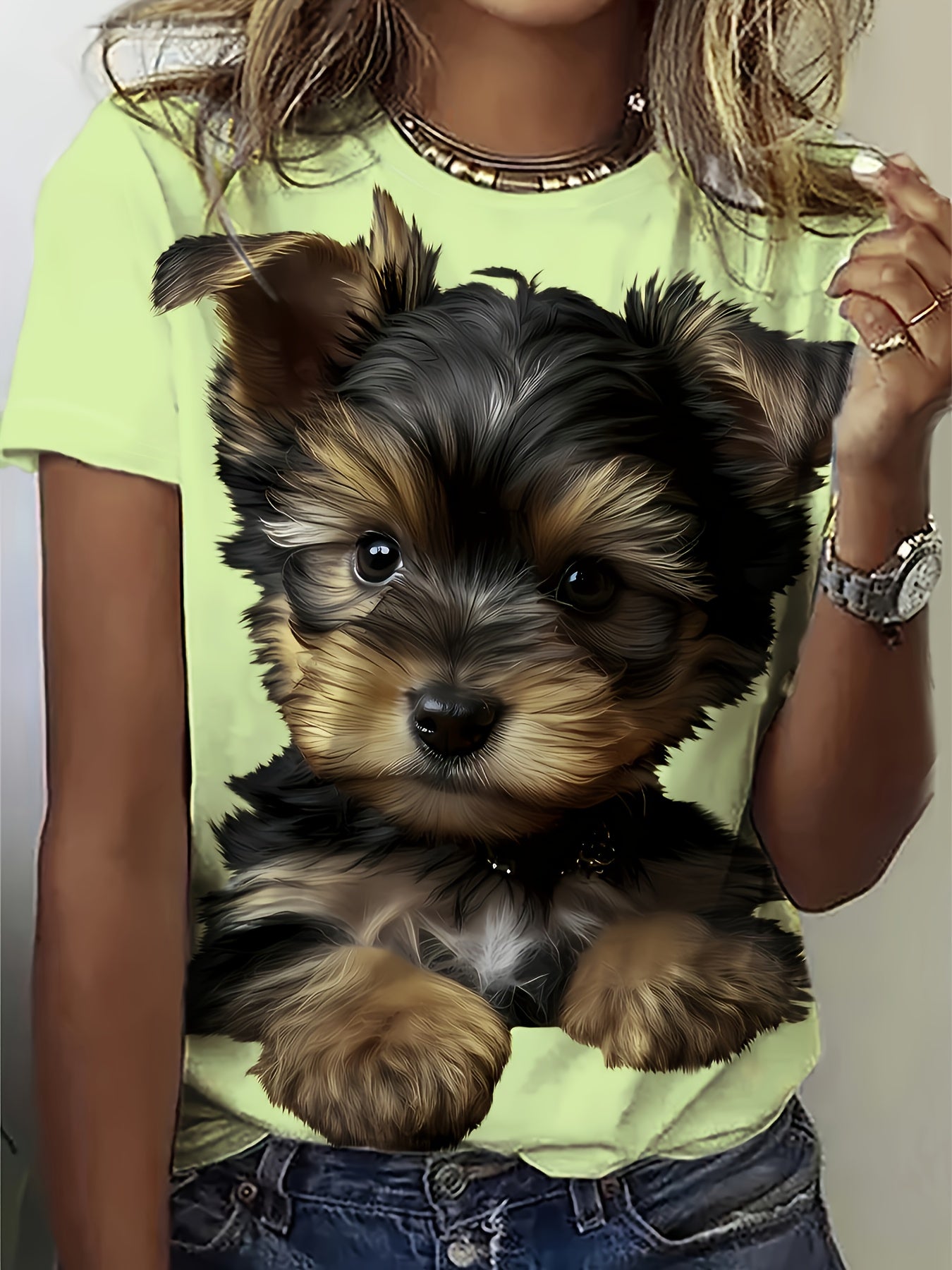 Cute Puppy Print T-Shirt, Casual Crew Neck Short Sleeve Top For Spring & Summer, Women's Clothing