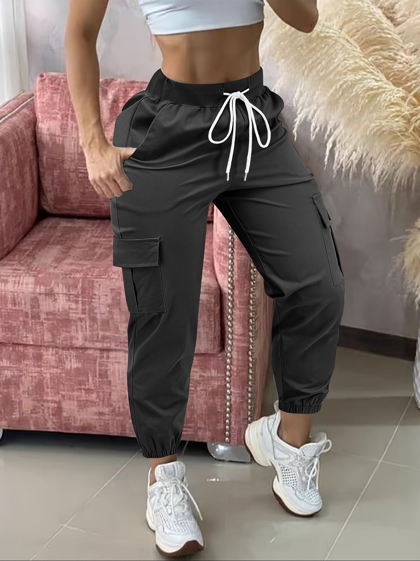 Women's Casual Cargo Pants with Drawstring - Solid Color Polyester Blend Comfort, Elastic Waist, Multiple Pockets, Fashion Utility Trousers for All Seasons