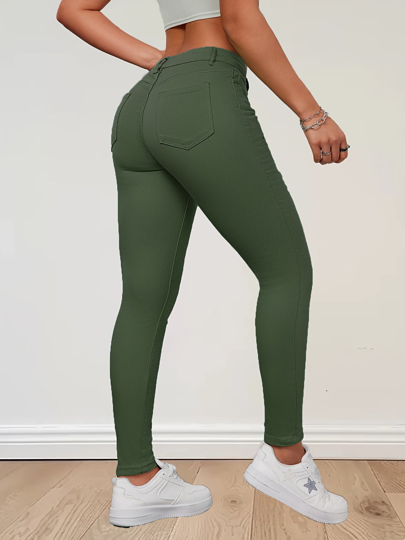 Army Green High-Waist Stretchy Skinny Pants for Women - Cotton Spandex Blend, Elegant Slim Fit with Button Detail, Non-Transparent, Long Length, Available in XS to XXL, Machine Washable