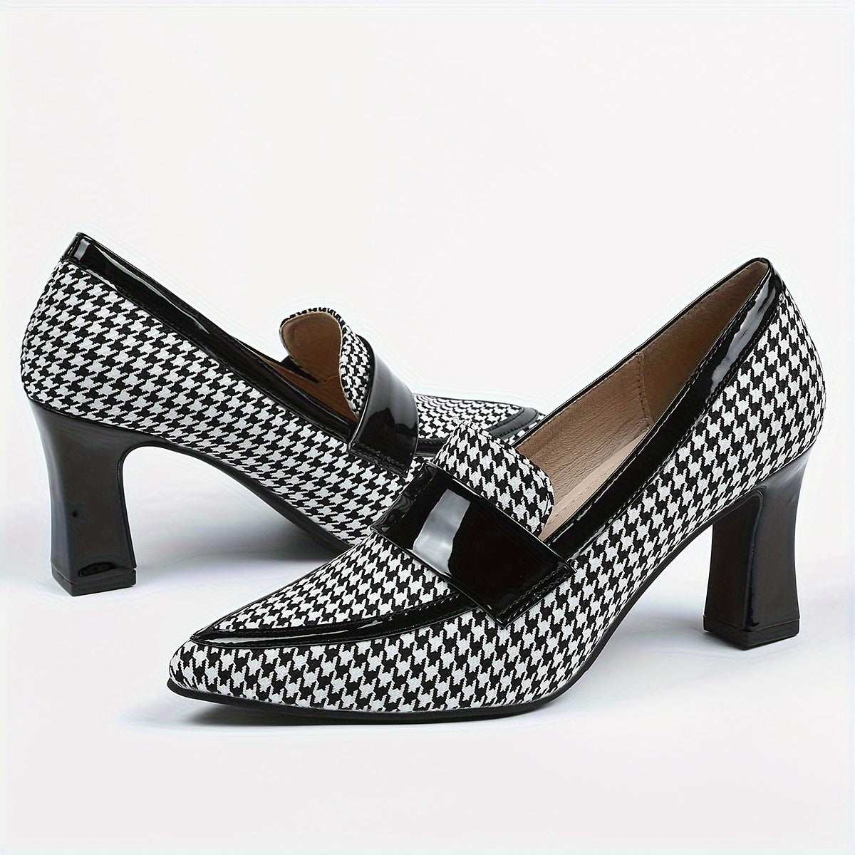 Women's Houndstooth Pattern Pumps, Fashion Pointed Toe Block Heels, All-Match Going Out Shoes