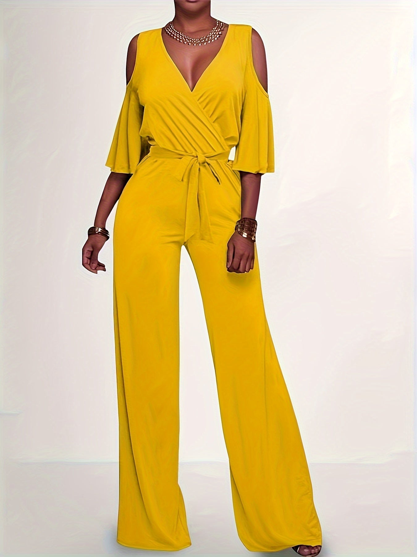 Solid Cold Shoulder V-neck Jumpsuit, Elegant Half Sleeve Jumpsuit For Spring & Summer, Women's Clothing