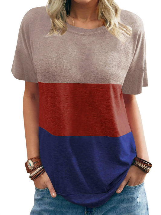 Color Block Crew Neck T-Shirt, Casual Short Sleeve T-Shirt For Spring & Summer, Women's Clothing