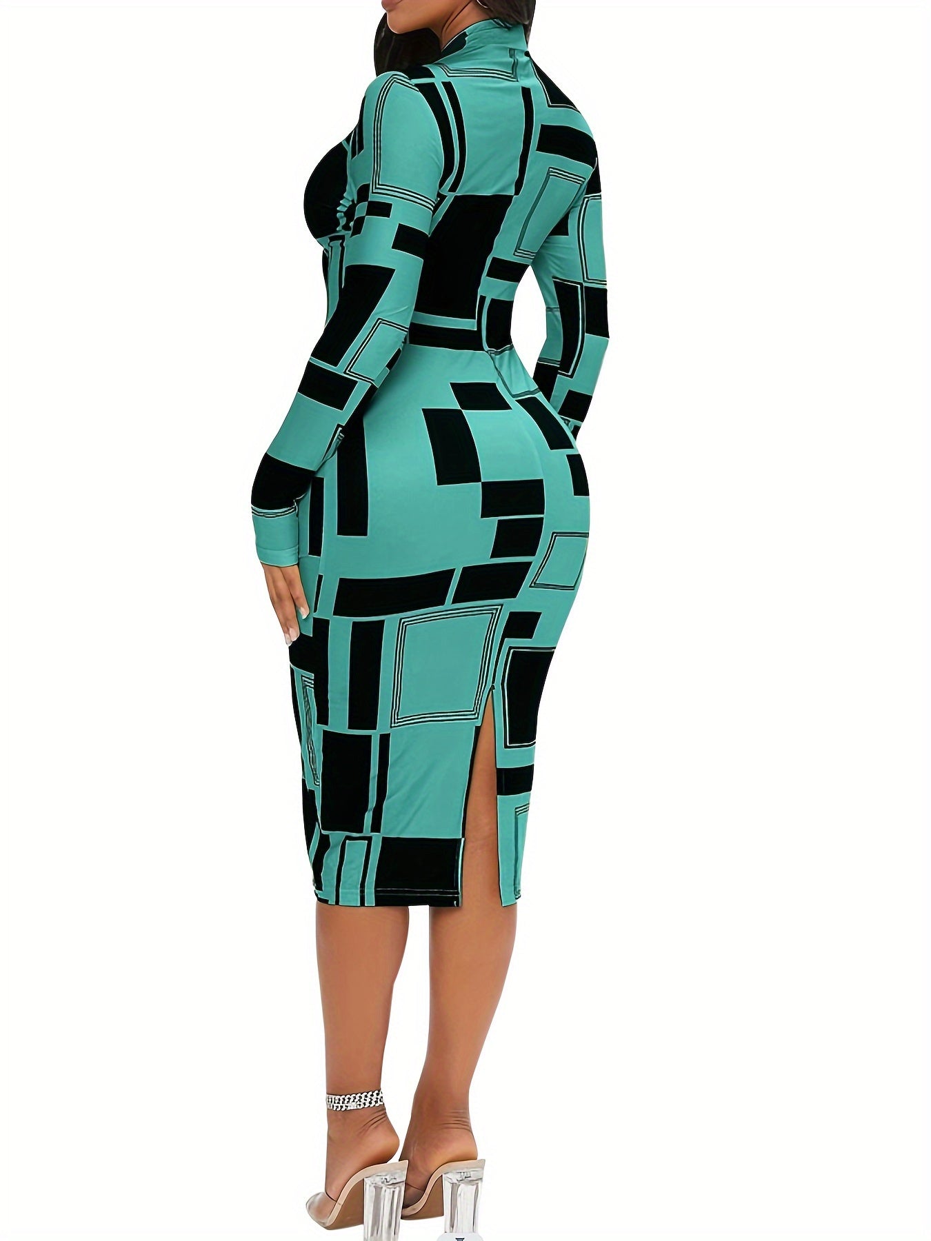 Colorblock Crew Neck Bodycon Dress, Elegant Long Sleeve Dress For Spring & Fall, Women's Clothing