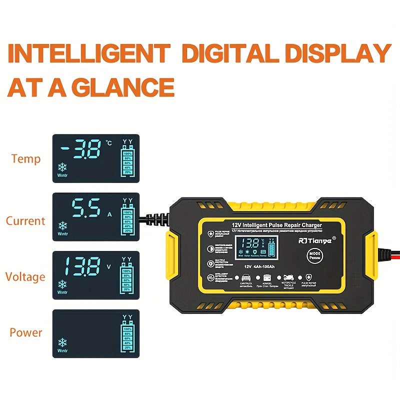 Car Battery Charger, 12V 2Ah-100Ah Smart Battery Trickle Charger Automotive Battery Maintainer Desulfator With Temperature Compensation