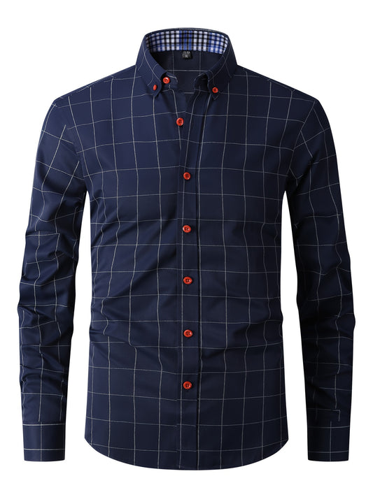 Men's Plaid Design Dress Shirts, Long Sleeve Casual Button Down Shirt For Formal Occasions