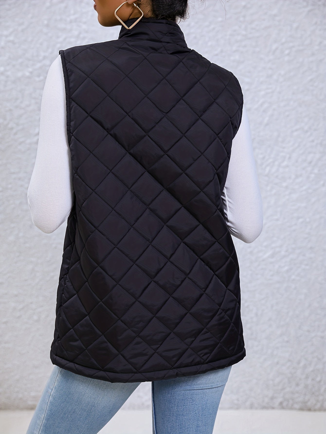 Argyle High Neck Sleeveless Vest, Casual Zip Up Versatile Outerwear, Women's Clothing