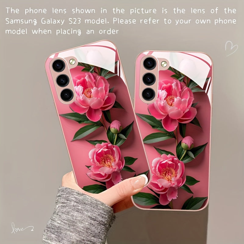 Pink Flower Glass Phone Case For SamSung For Galaxy Series - S24/S24 Plus/S24 Ultra, S23/S23 Plus/S23 Ultra, S22/S22 Plus/S22 Ultra, S21/S21 Plus/S21 Ultra/S21 FE, S20/S20 Plus/S20 Ultra, A03/A04, A13/A14/A22/A23/A25, A32/A33