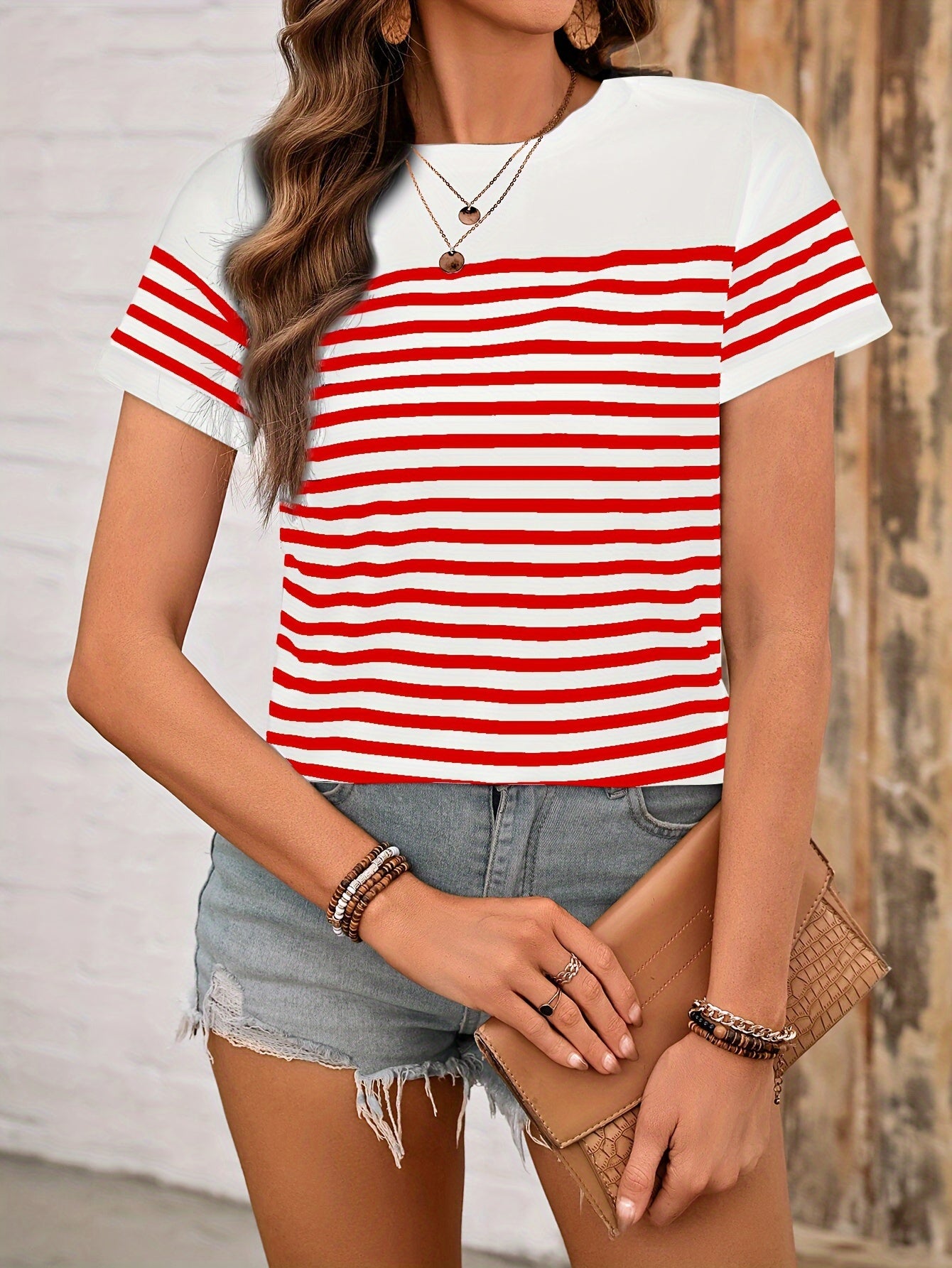 Striped Print Color Block T-Shirt, Casual Short Sleeve T-Shirt For Spring & Summer, Women's Clothing