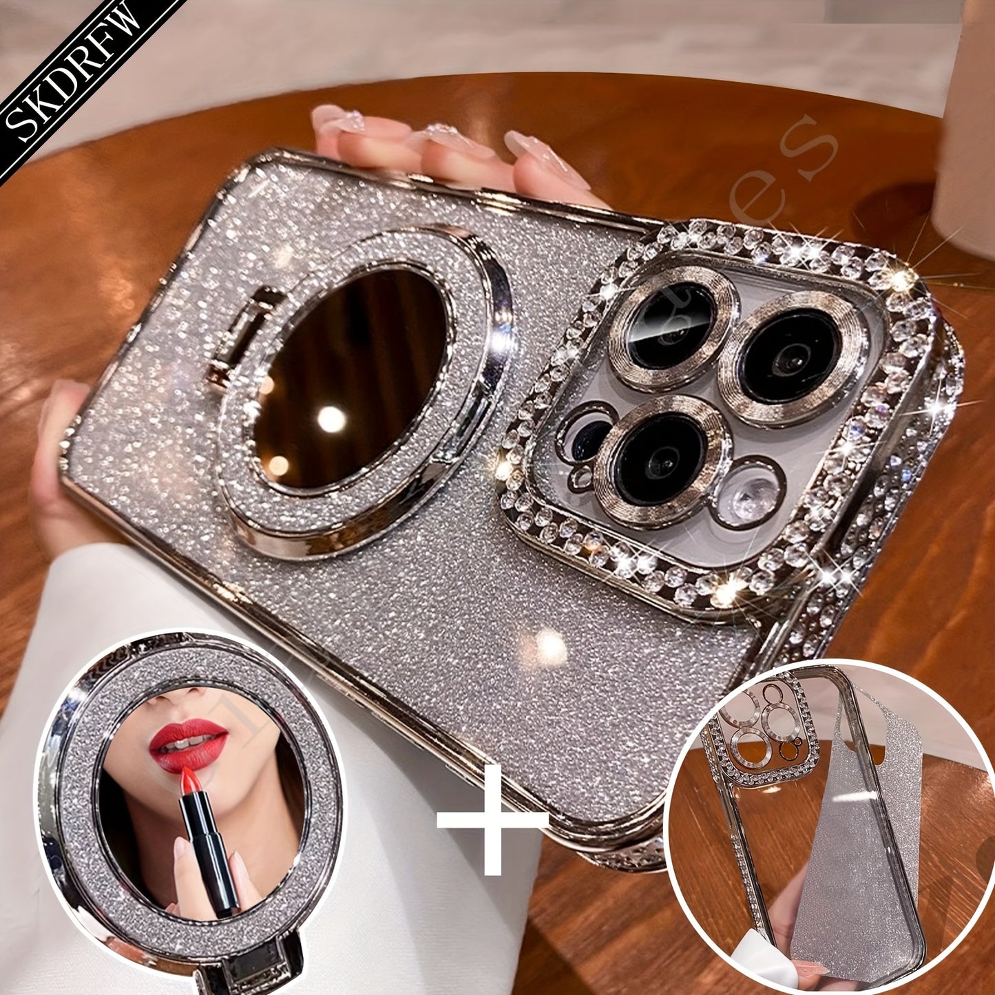 New Luxury High-Grade Glitter Double Row Diamond Mirror Magnetic Bracket All-Inclusive Lens Mobile Phone Case Suitable for Apple for Iphone 16 15 14 13 12 11 Pro Max / Niche Transparent Anti-Fall Soft Glue Protective Back Cov