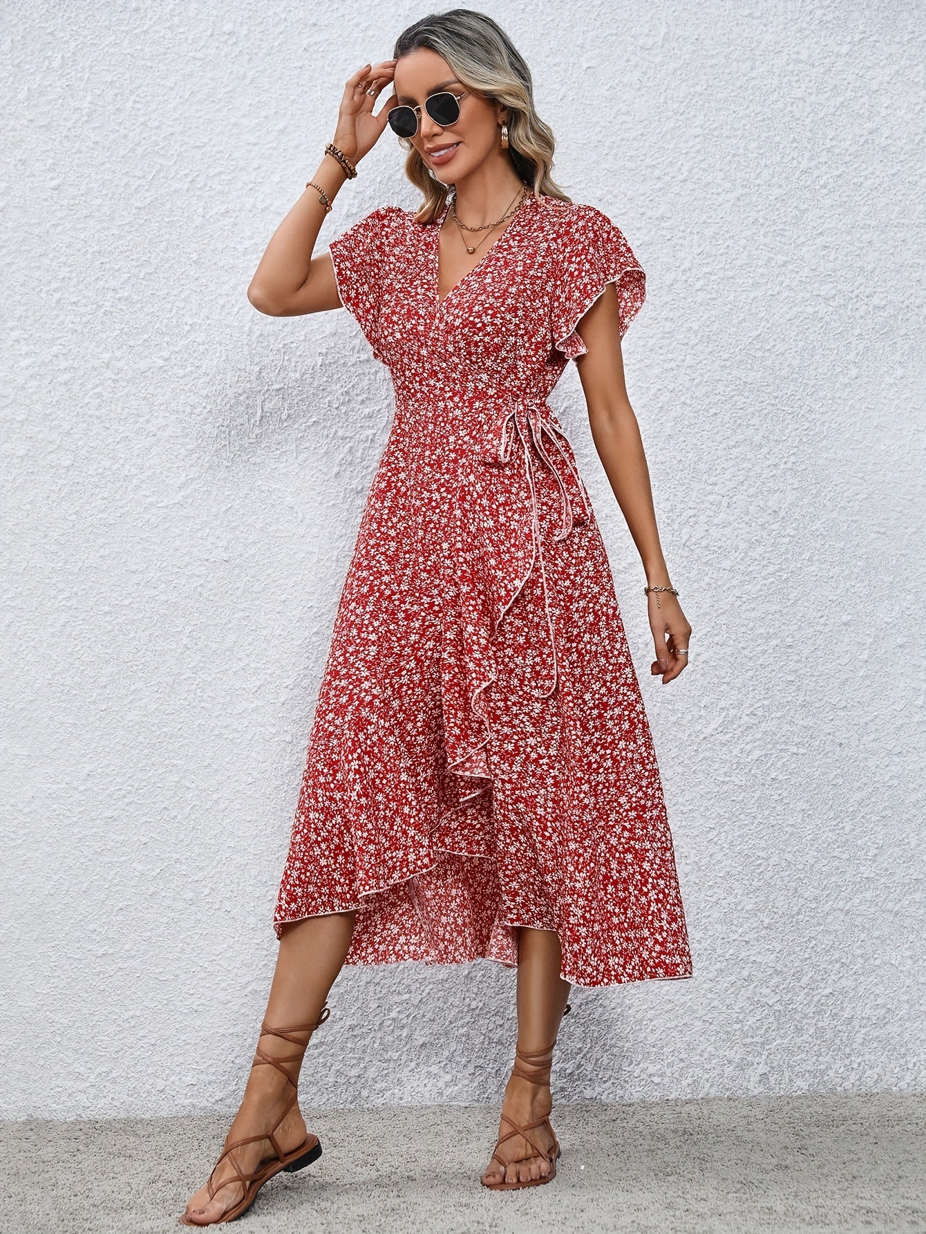 Floral Print Surplice Neck Tied Dress, Casual Flutter Sleeve Ruffle Hem Dress For Spring & Summer, Women's Clothing