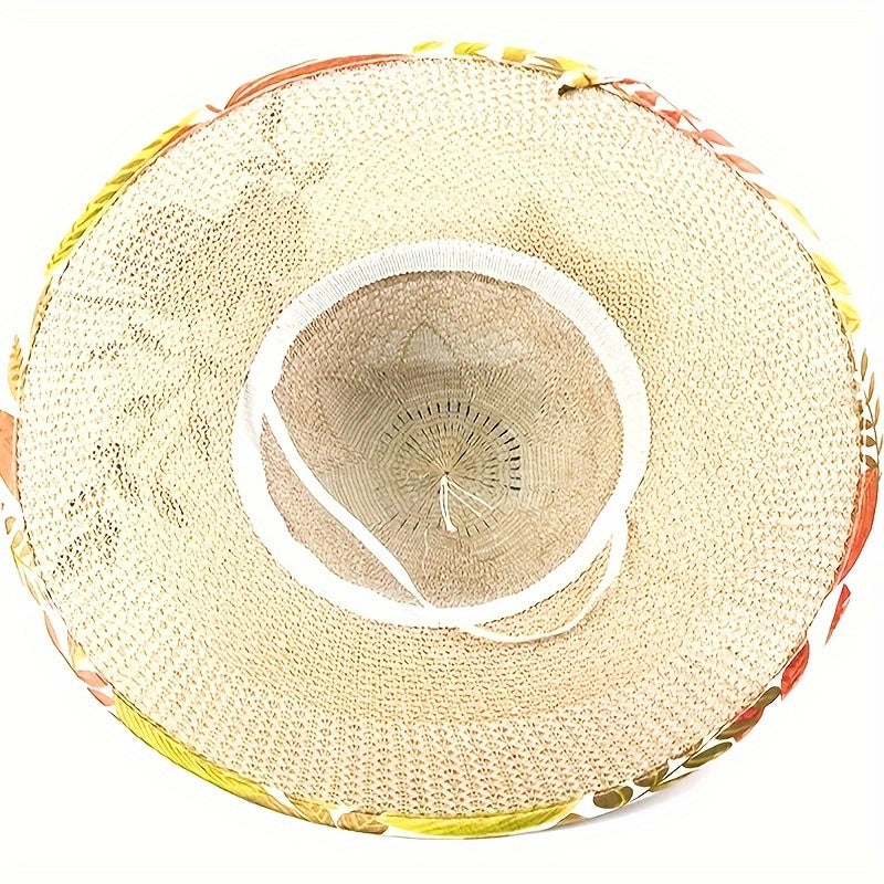 1pc Satin Print Streamer Decorative Sun Hat Personalized Flower Embroidered Wide Brim Hat Summer Stylish Sunshade Beach Hats For Women