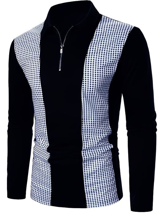 Polka Dot Print Men's Color Block Casual Long Sleeve Lapel Shirt, Spring Fall