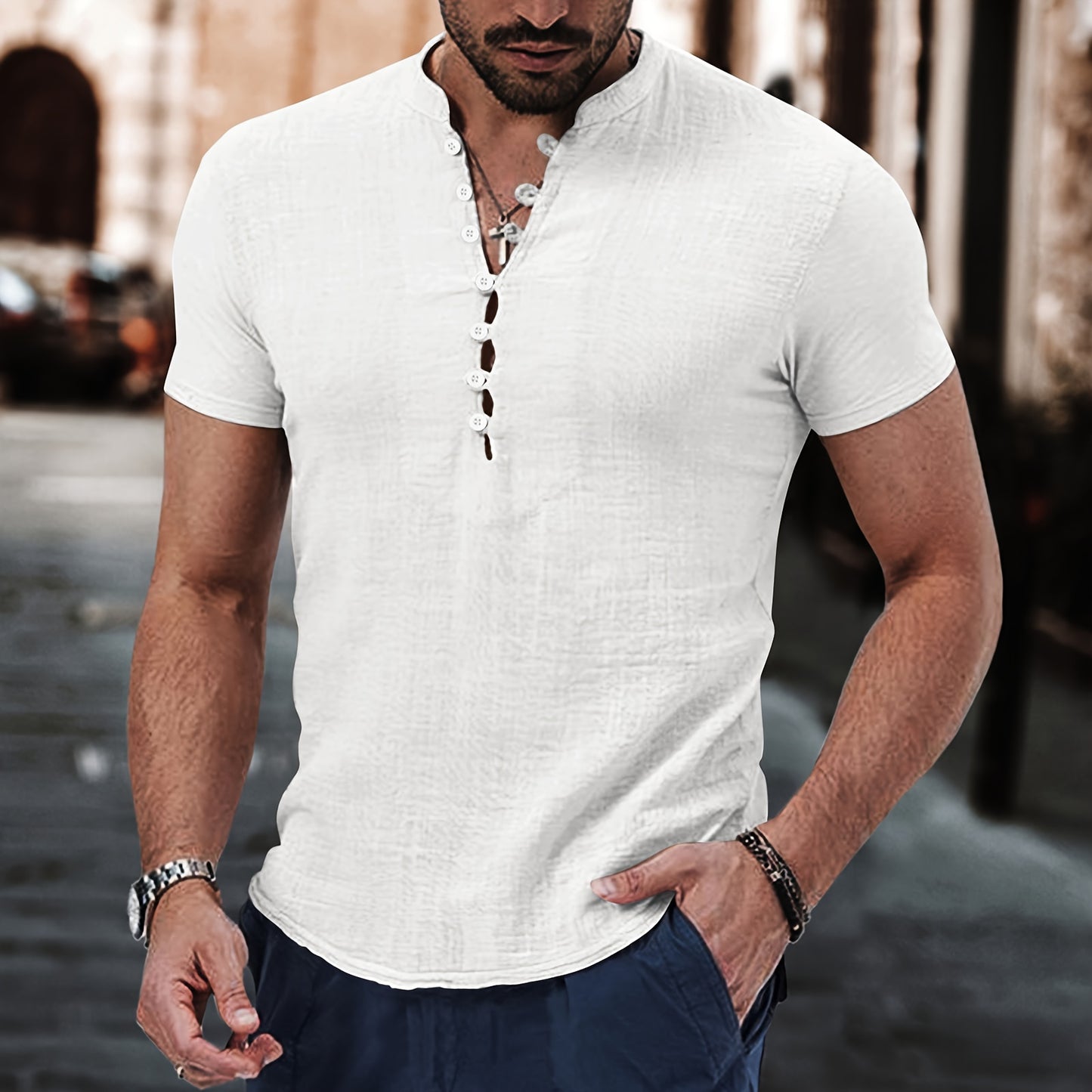 Men's Casual Retro Button Up Comfy Cotton Short Sleeve Shirt For Summer