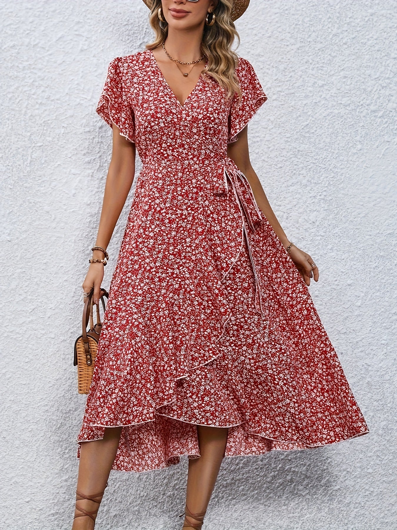 Floral Print Surplice Neck Tied Dress, Casual Flutter Sleeve Ruffle Hem Dress For Spring & Summer, Women's Clothing