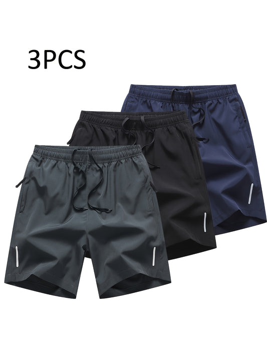 3pcs Men's Solid Fashion Active Shorts, Drawstring Shorts With Zipper Pockets For Summer Training, Summer Daily