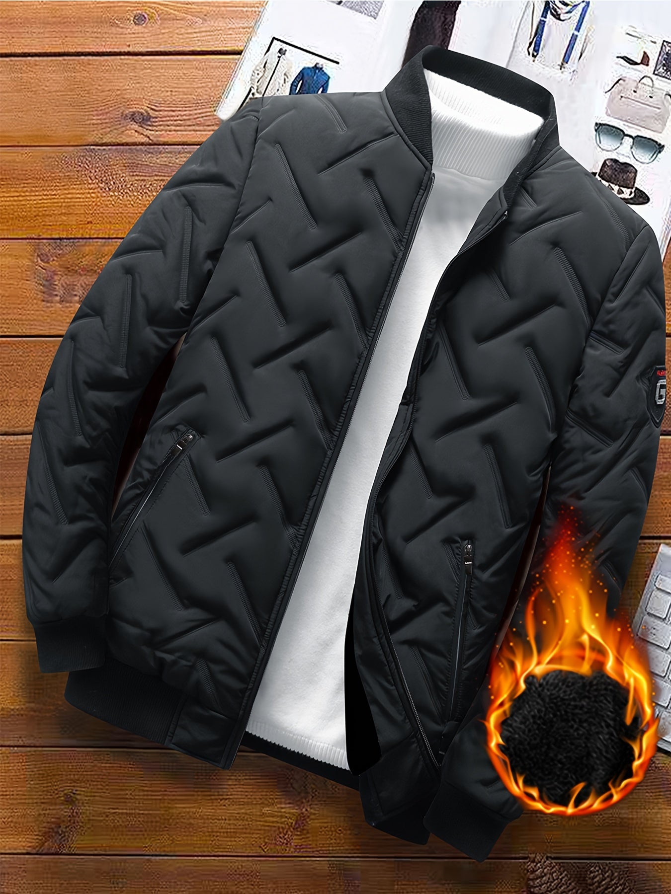 2024 Winter New Men's Cotton Jacket - Stylish and Warm Cotton Coat for Casual Wear - Small Stand-Up Collar - No Stretch - Solid Color - Pockets - Regular Fit - Polyester Filling - Woven Fabric