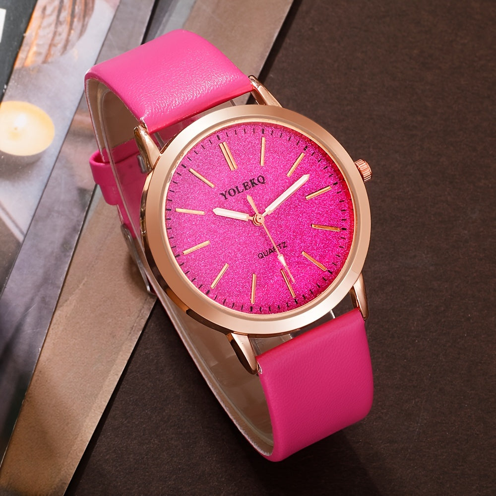 5pcs/set Shiny Pink Fashion Quartz Watch PU Leather Wrist Watch & Synthetic Gem Jewelry Set, Valentine's Day Gifts For Women Her