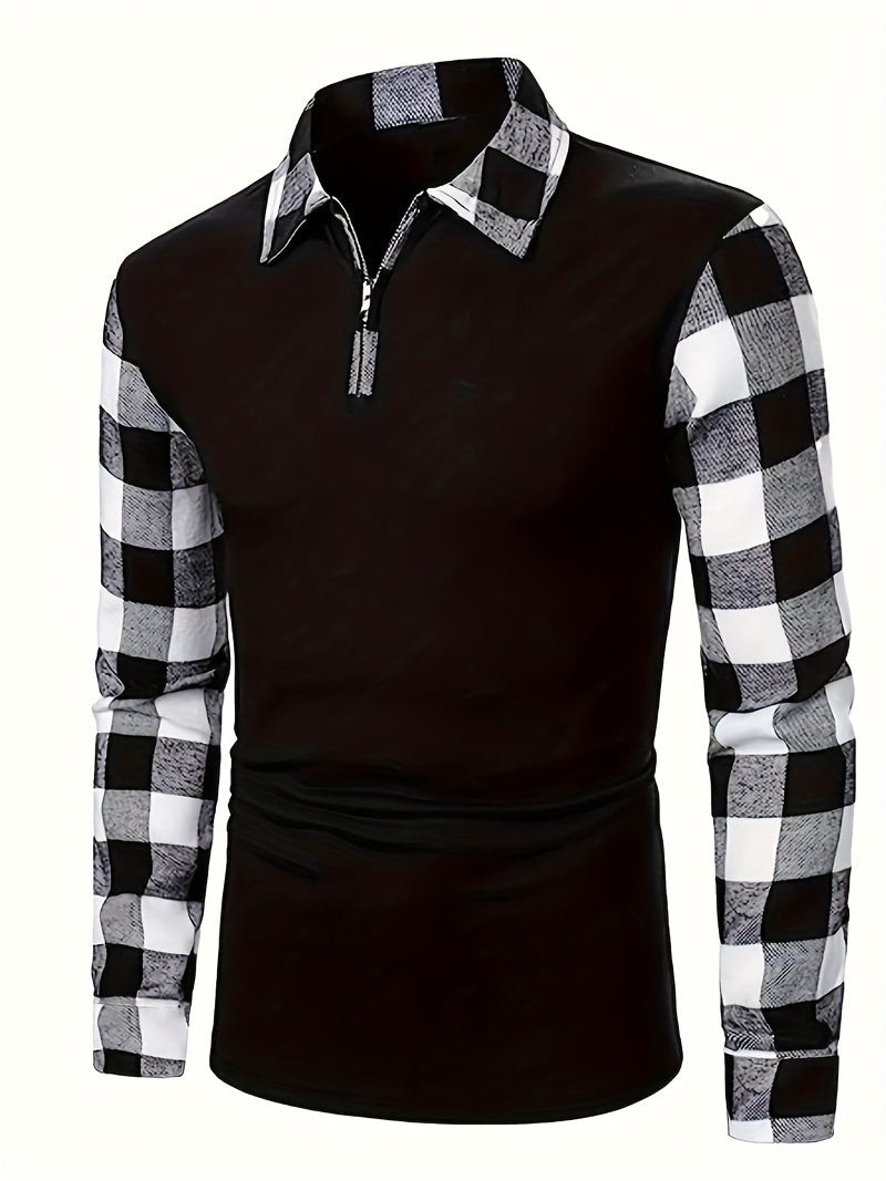 Men's Casual Retro Plaid Lapel 1/4 Zipper Long Sleeve Shirt For Business