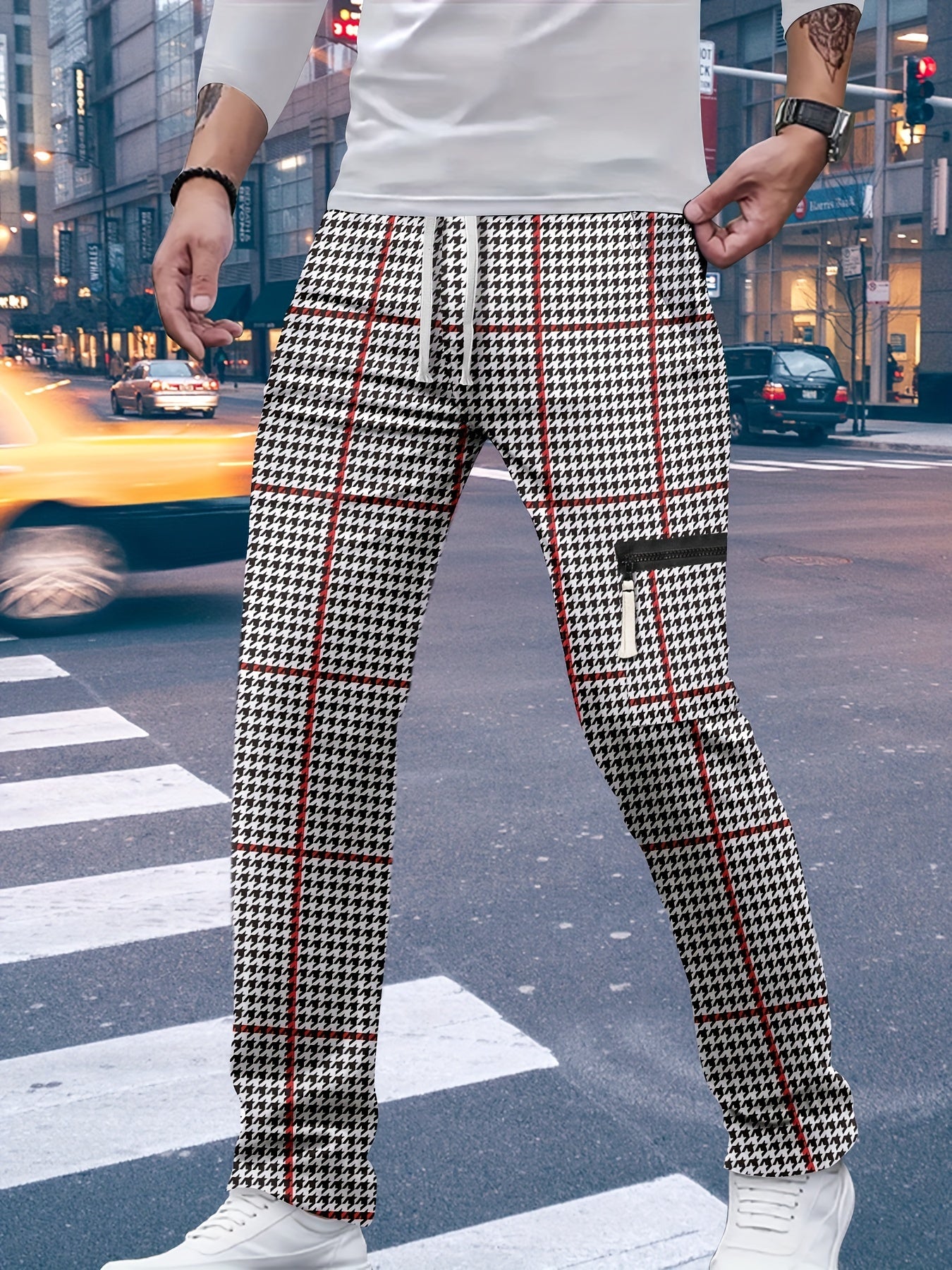 Men's Chic Style Houndstooth Print Cargo Pants, Casual Outdoor Multi-Pocket Pants For Street Wear, Spring And Fall