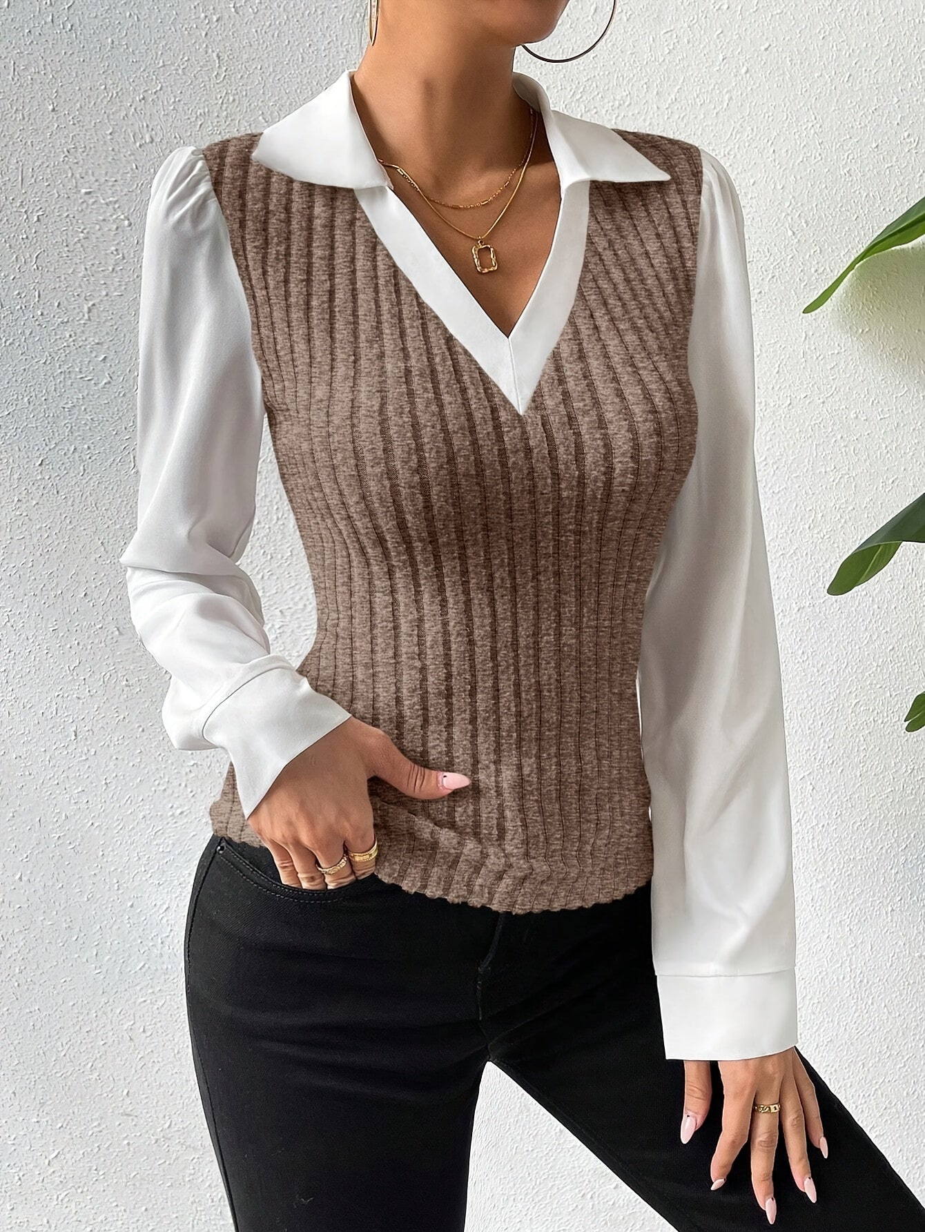 Color Block Collared Slim Blouse, Elegant Long Sleeve Blouse For Spring & Fall, Women's Clothing