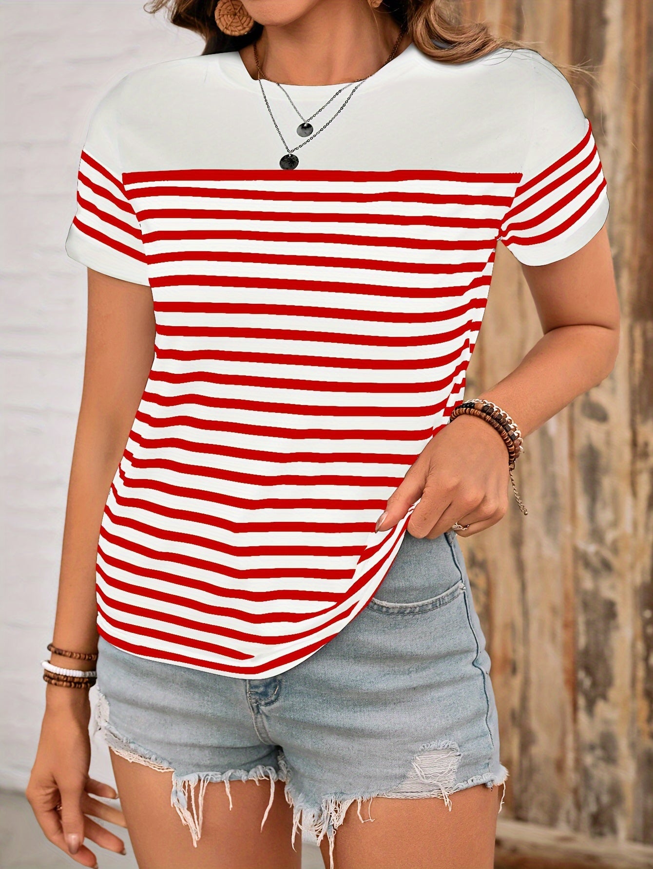 Striped Print Color Block T-Shirt, Casual Short Sleeve T-Shirt For Spring & Summer, Women's Clothing