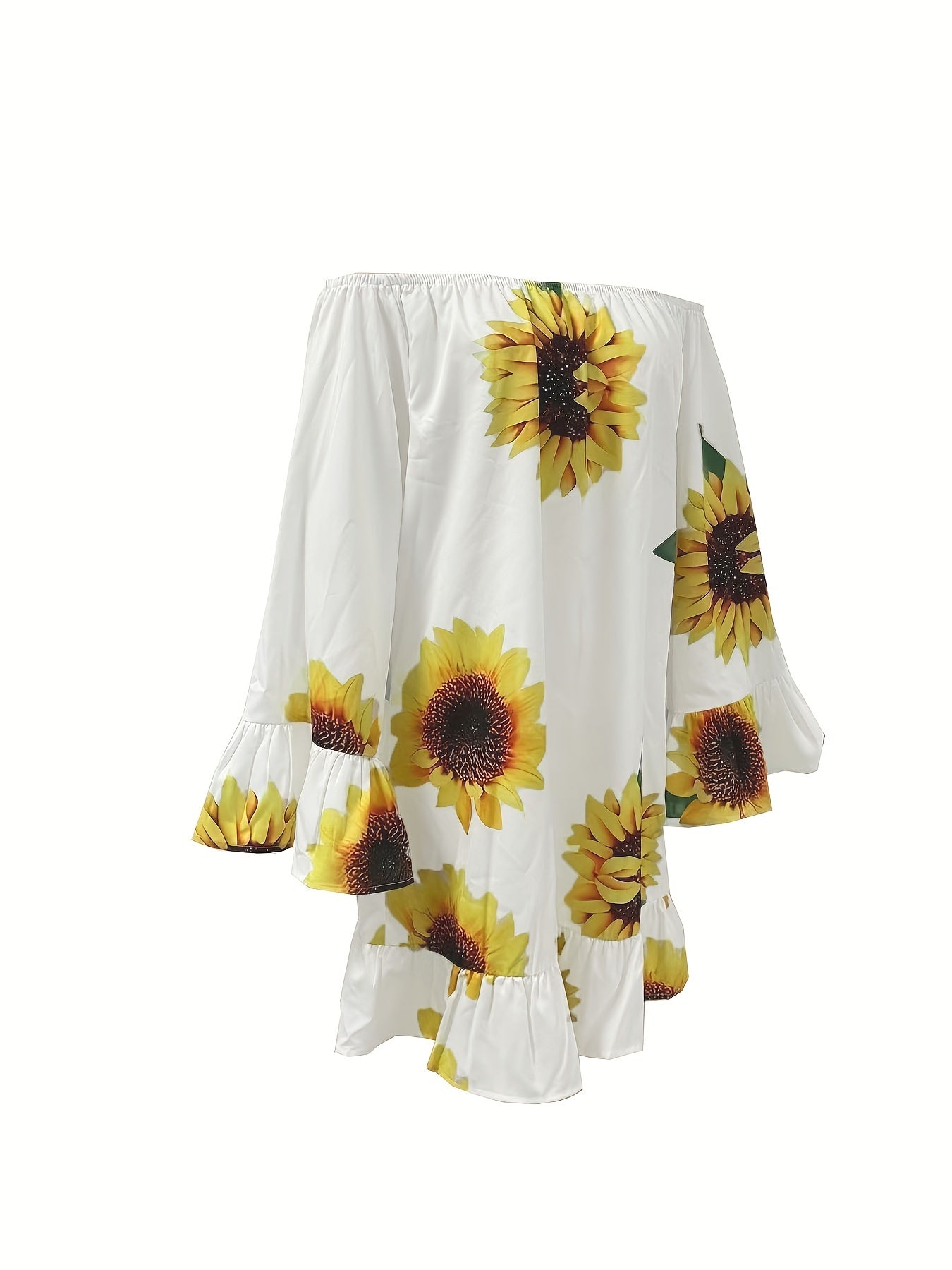 Sunflower Print Ruffle Trim Dress, Off-shoulder Flared Sleeve Dress For Spring & Summer, Women's Clothing