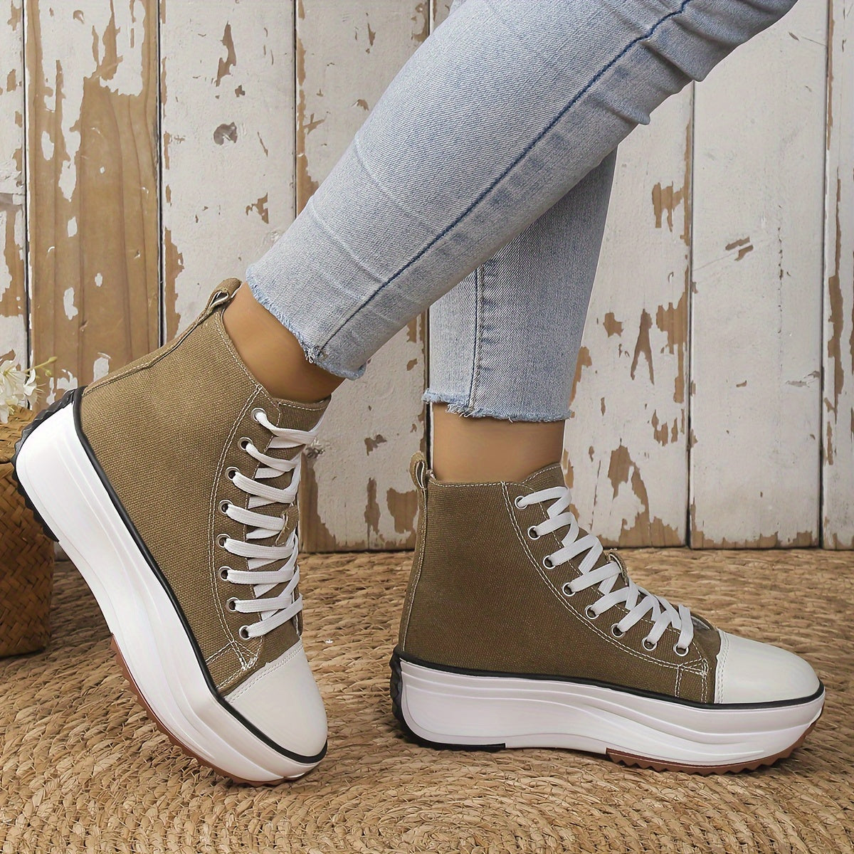 Women's Solid Color Casual Sneakers, Lace Up Soft Sole Platform Skate Shoes, Versatile High-top Canvas Shoes