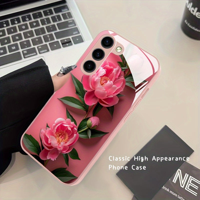 Pink Flower Glass Phone Case For SamSung For Galaxy Series - S24/S24 Plus/S24 Ultra, S23/S23 Plus/S23 Ultra, S22/S22 Plus/S22 Ultra, S21/S21 Plus/S21 Ultra/S21 FE, S20/S20 Plus/S20 Ultra, A03/A04, A13/A14/A22/A23/A25, A32/A33