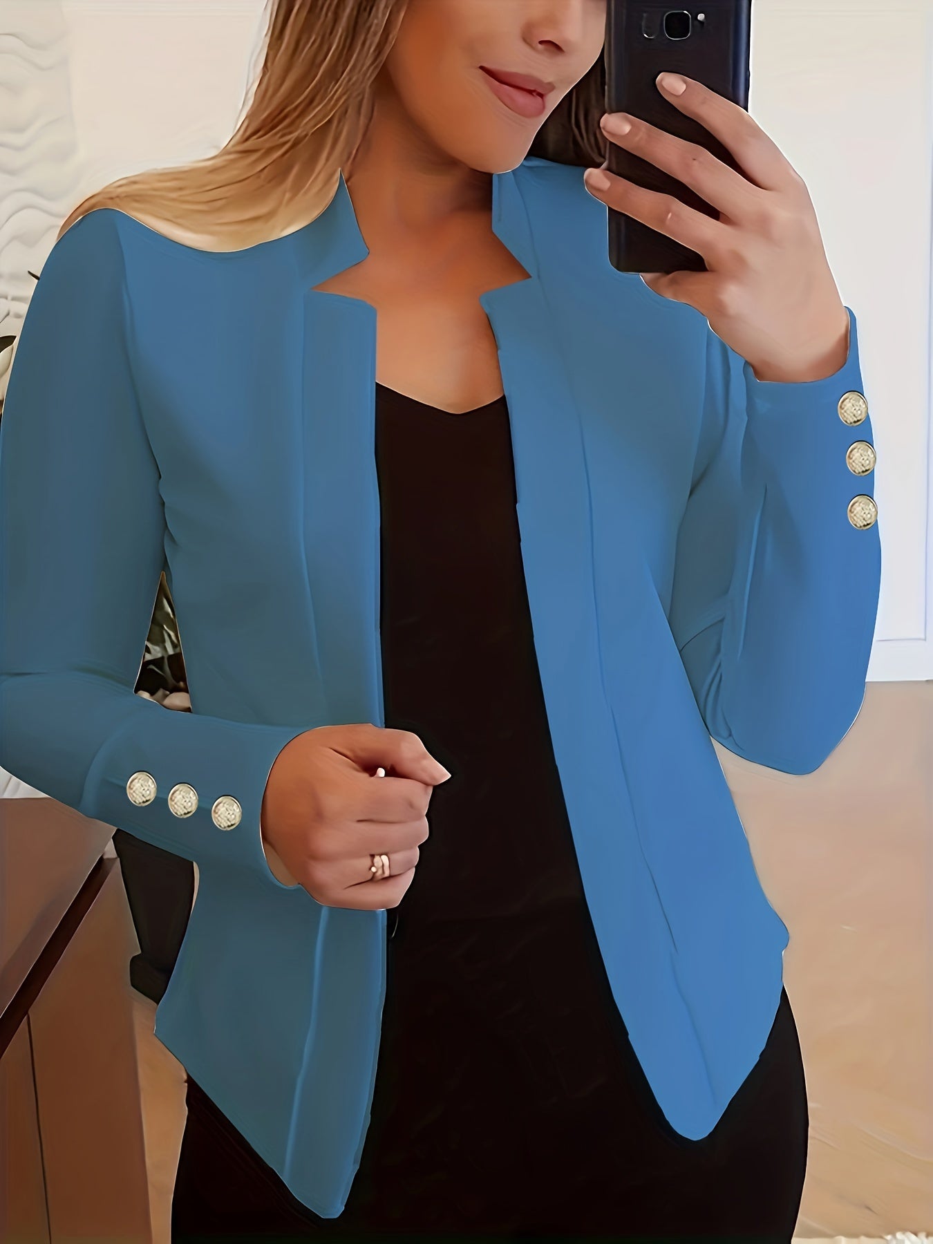 Long Sleeve Solid Color Casual Blazer - Button Front, Micro Elasticity, Polyester Fabric, Loose Fit, Regular Length - Perfect for Office & Work, Womens Clothing