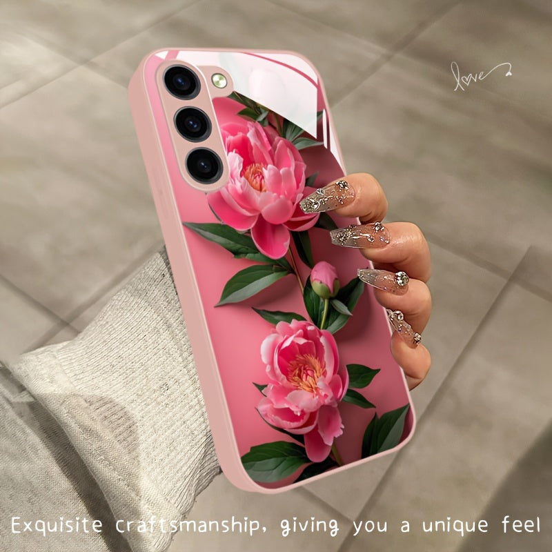 Pink Flower Glass Phone Case For SamSung For Galaxy Series - S24/S24 Plus/S24 Ultra, S23/S23 Plus/S23 Ultra, S22/S22 Plus/S22 Ultra, S21/S21 Plus/S21 Ultra/S21 FE, S20/S20 Plus/S20 Ultra, A03/A04, A13/A14/A22/A23/A25, A32/A33