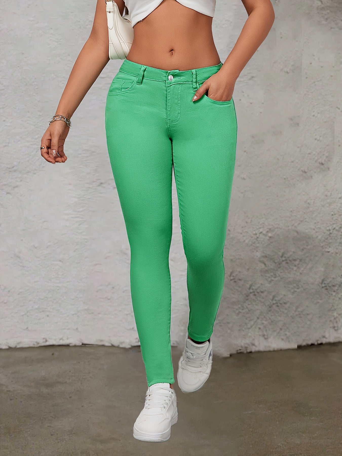 Plain Green Skinny Fit Stretchy Chic Style Zipper Button Closure Denim Pants, Women's Denim Jeans & Clothing