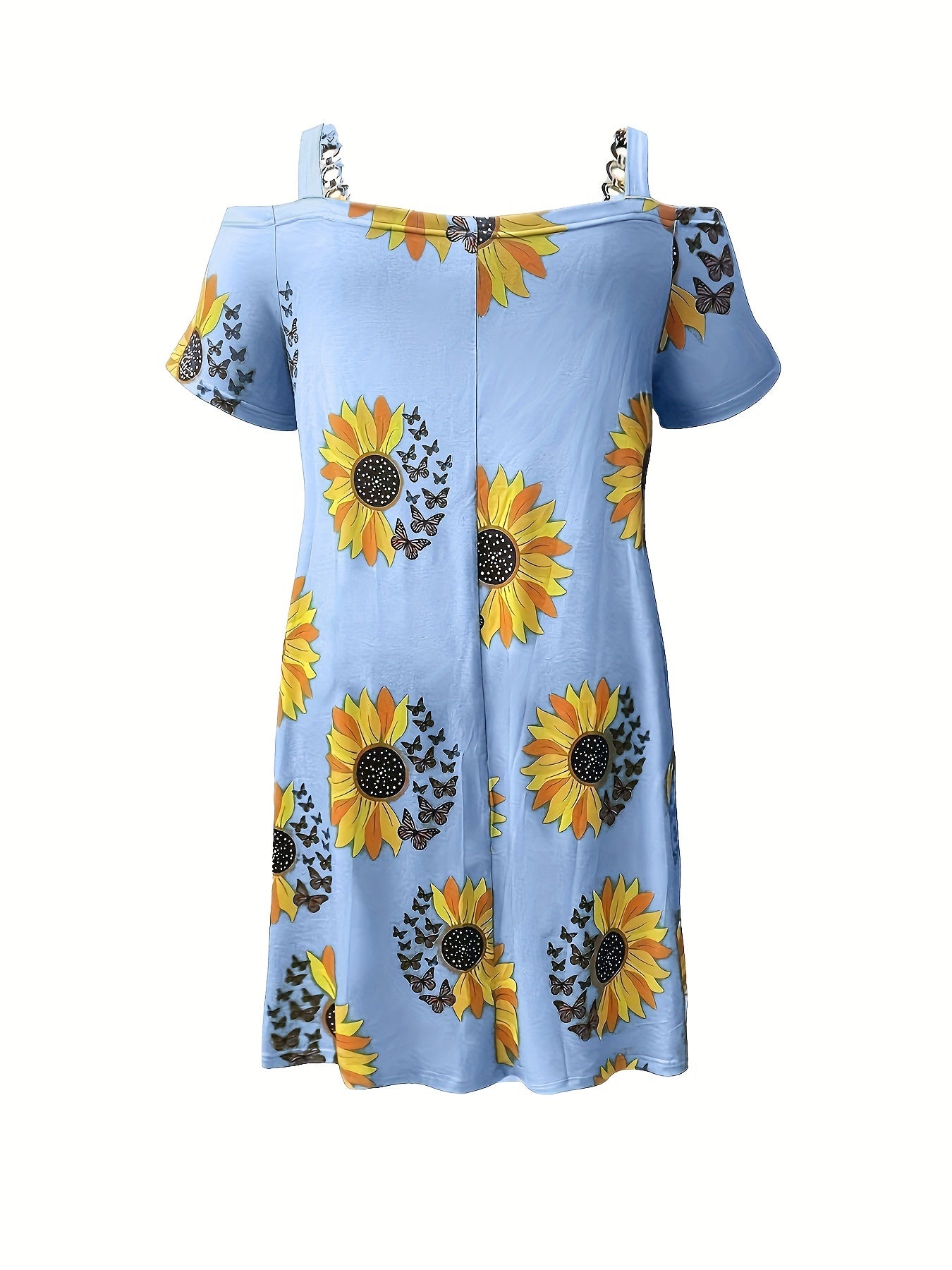 Plus Size Sunflower Print Cold Shoulder Dress, Casual Chain Detail Short Sleeve Dress For Spring & Summer, Women's Plus Size Clothing