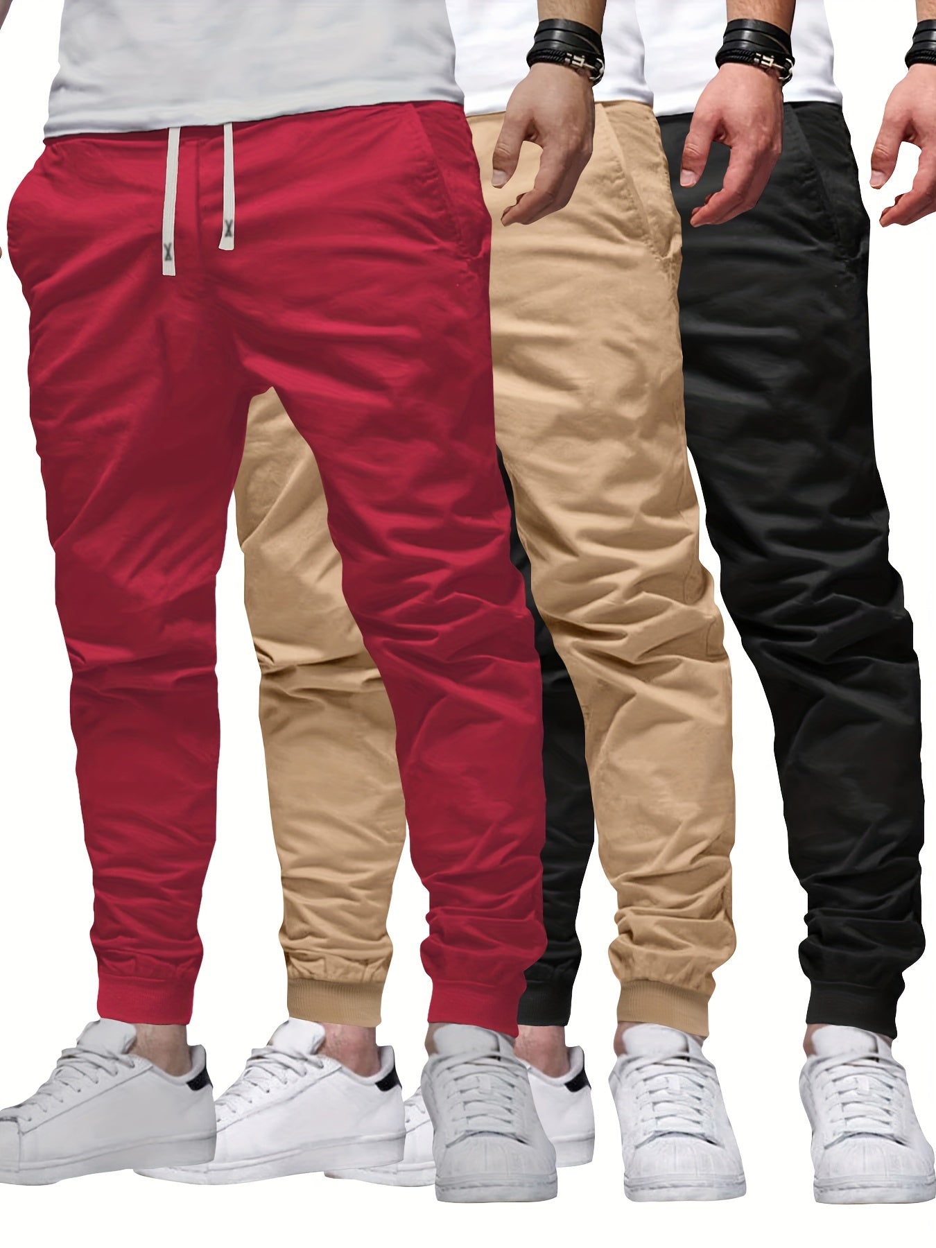 3pcs Solid Color Men's Regular Fit Jogger Sweatpants With Drawstring And Pockets, Chic And Trendy Trousers For Spring And Autumn Outdoors And Sports Wear