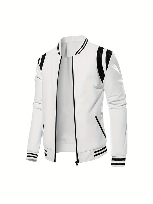 Men's Stylish Comfy Vintage Style Color Matching PU Leather Jacket With Pockets, Casual Baseball Collar Zip Up Long Sleeve Varsity Jacket