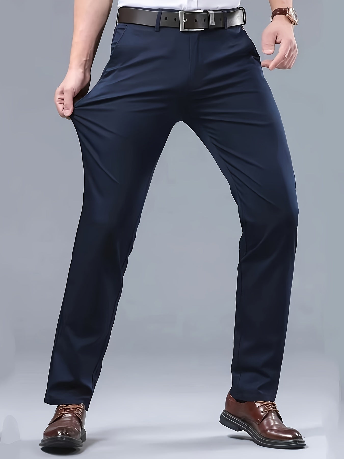 Men's Solid Color Slightly Stretch Formal Dress Pants For Business Office Occasions, All Seasons