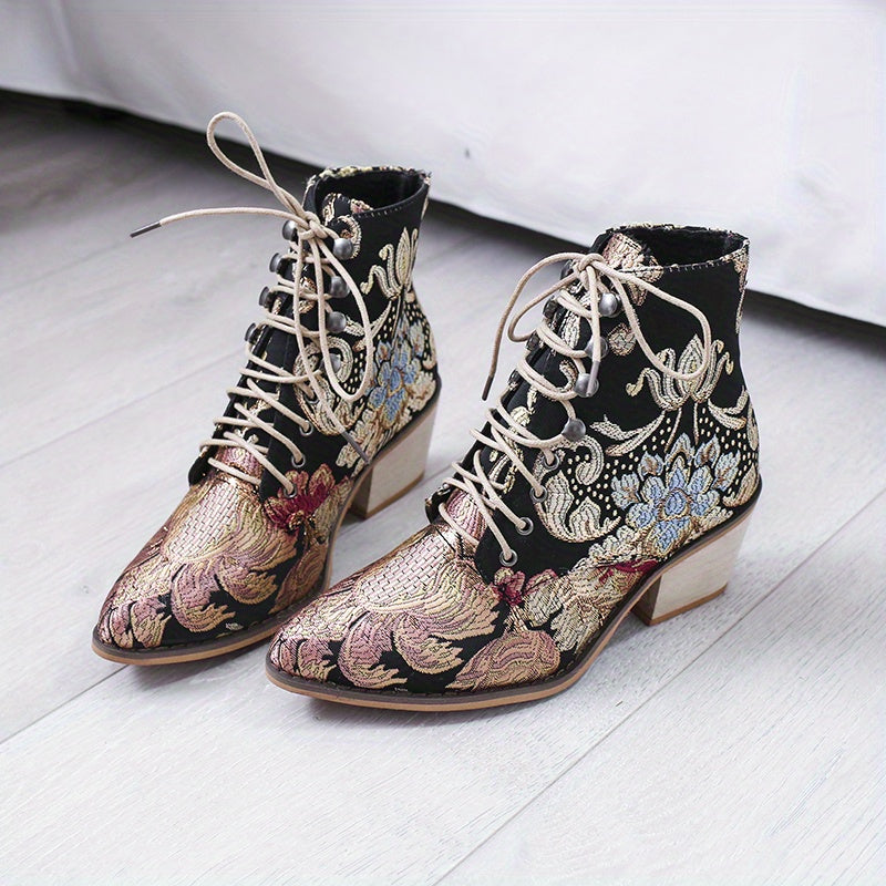 Women's Vintage Flower Boots, Lace Up Chunky Heel Western Cowboy Boots, Point Toe Stylish Chelsea Boots fall