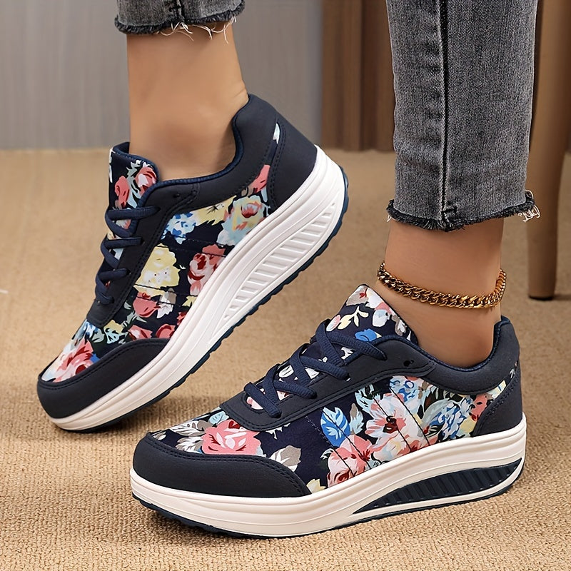 Women's Vintage Print Casual Sneakers, Lace Up Platform Soft Sole Walking Shoes, Round Toe Sporty Rocking Trainers