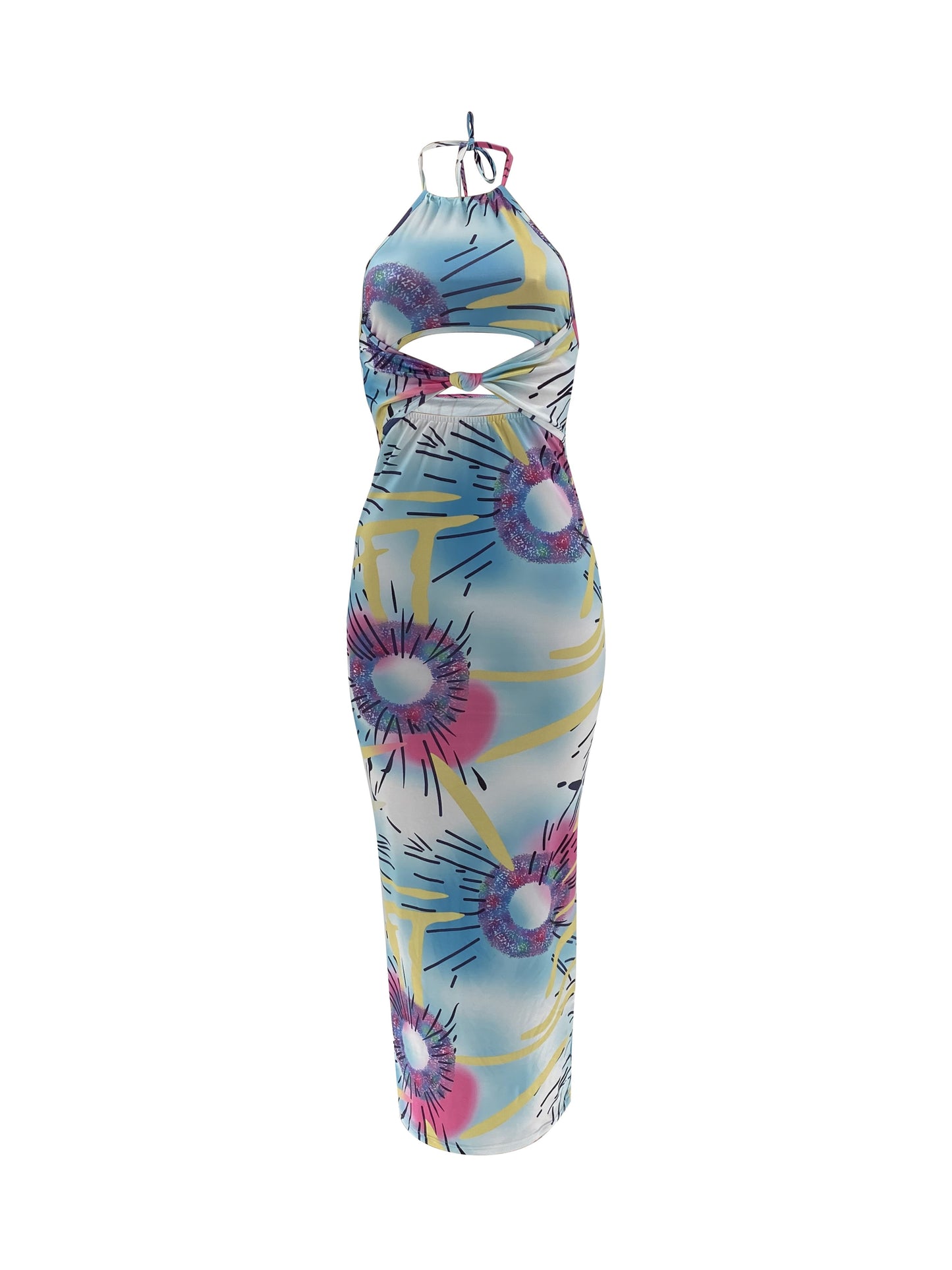 Tie Dye Backless Halter Bodycon Dress, Casual Sleeveless Tie Strap Dress, Women's Clothing