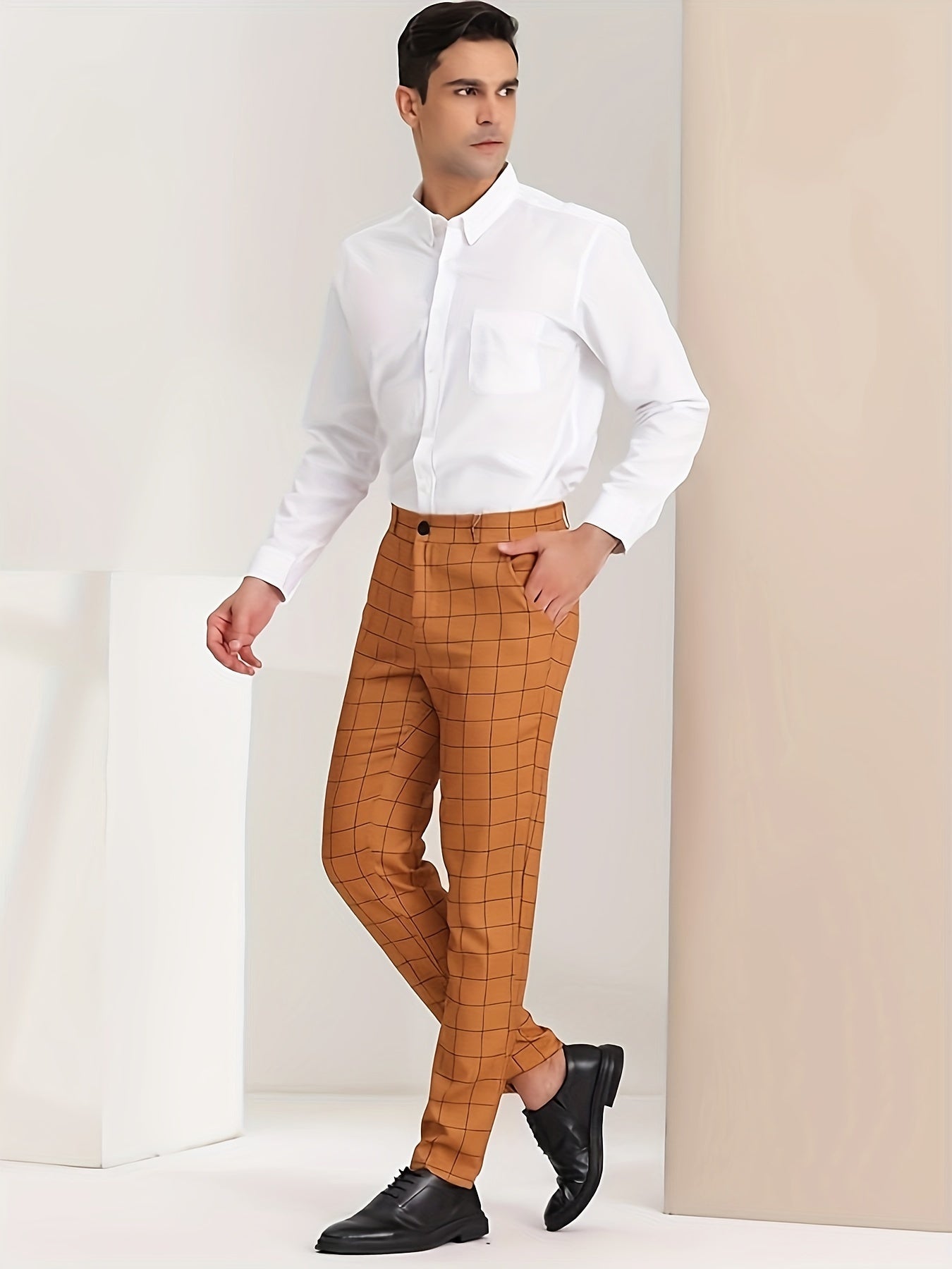 Classic Plaid Design Dress Pants, Men's Formal Slightly Stretch Dress Pants For Business Occasions