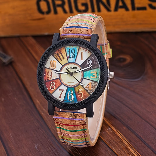 Women's Watch Retro Wood Grain Quartz Watch Color Block Fashion Analog PU Leather Wrist Watch