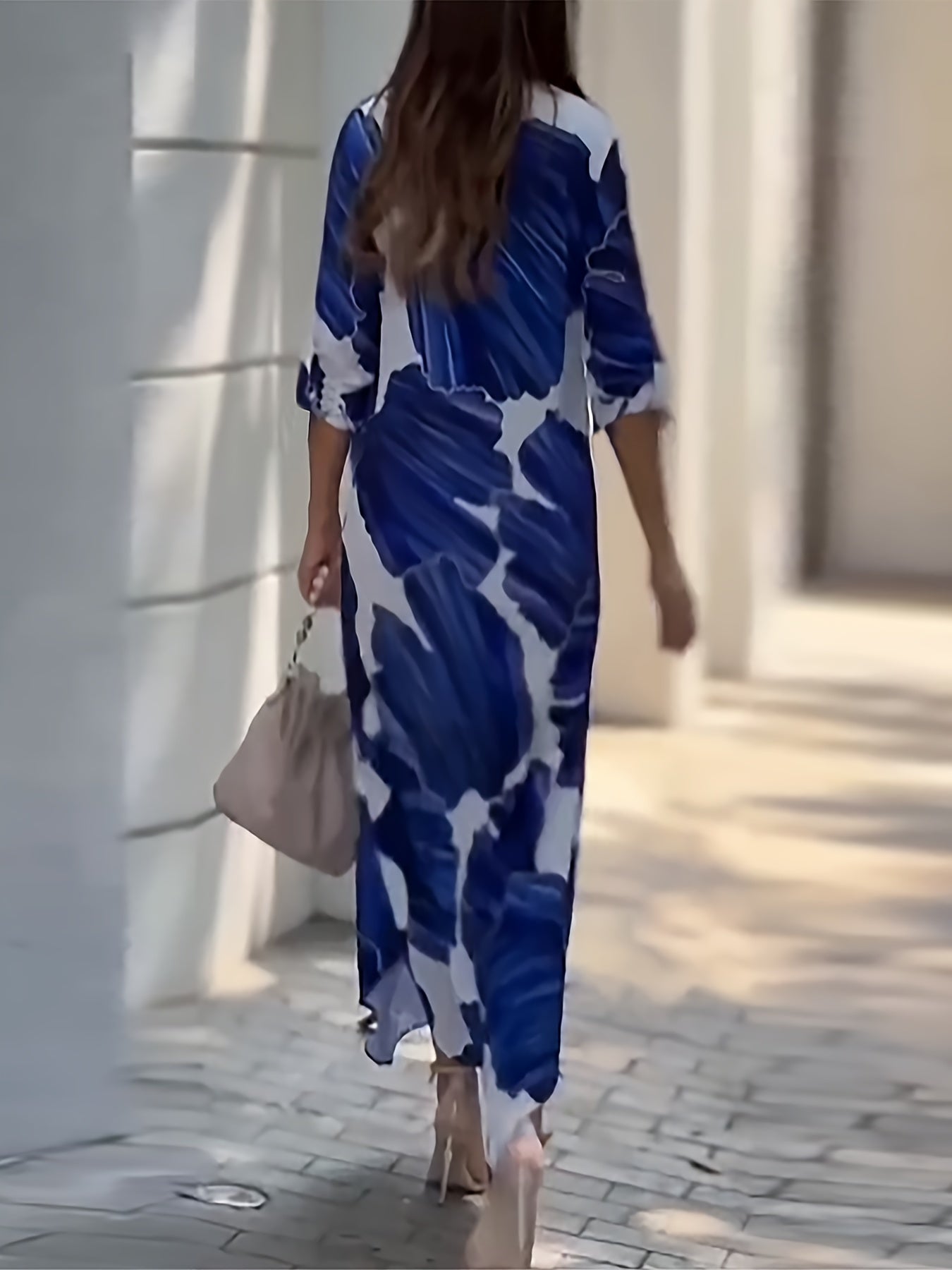 Abstract Print Button Front Shirt Dress, Elegant 3/4 Sleeve Maxi Dress For Spring & Fall, Women's Clothing