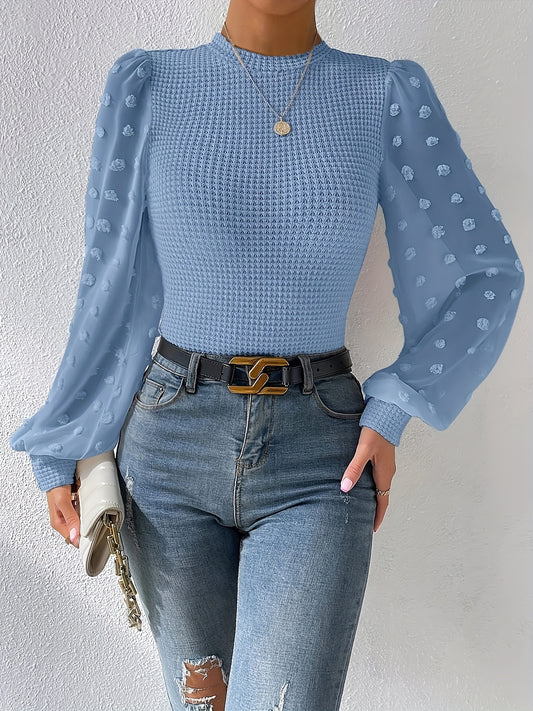 Swiss Dot Mock Neck Blouse, Casual Long Lantern Sleeve Blouse For Spring & Fall, Women's Clothing