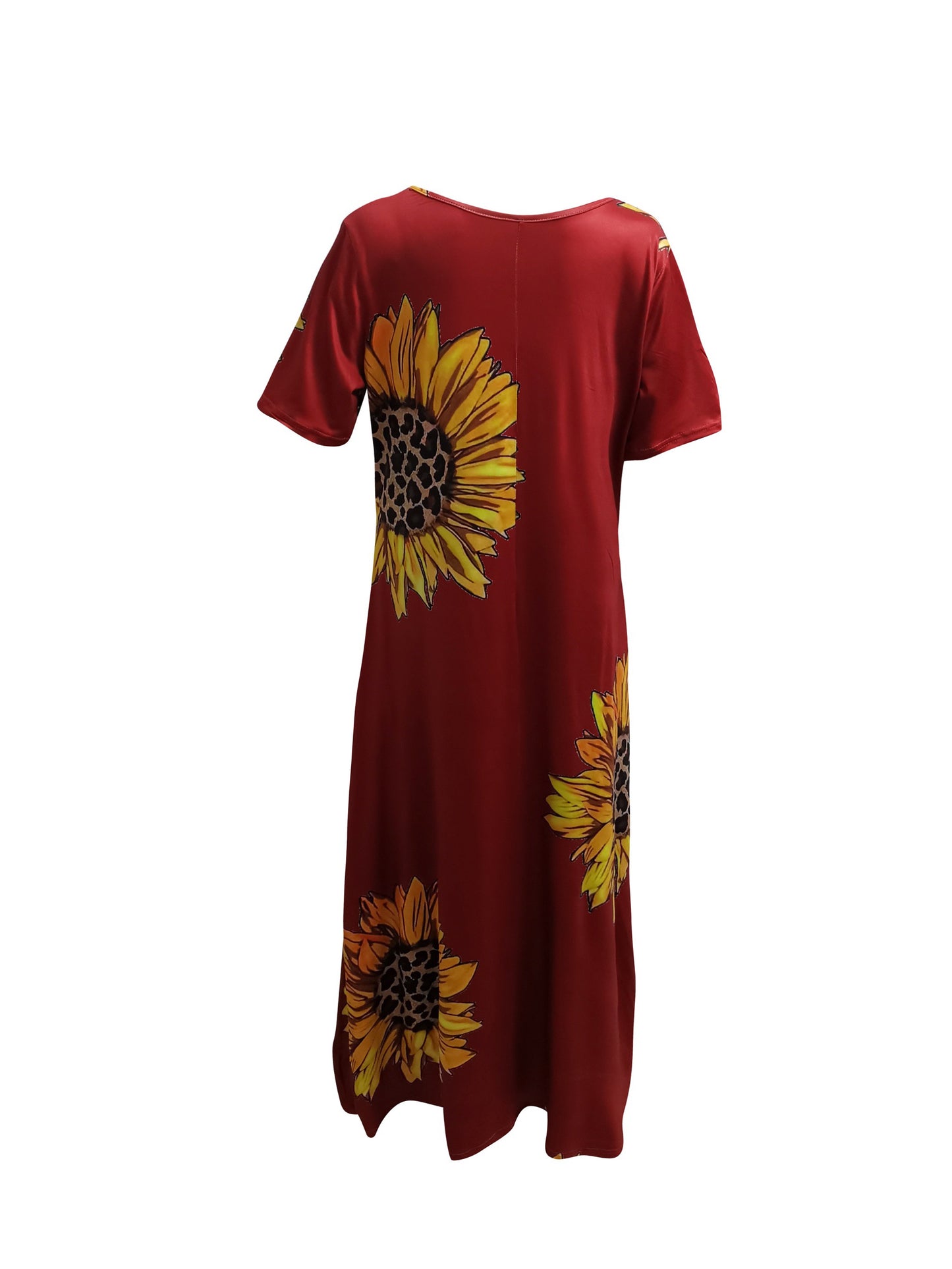 Leopard Sunflower Pocket Print Dress, Casual Crew Neck Short Sleeve Dress, Women's Clothing