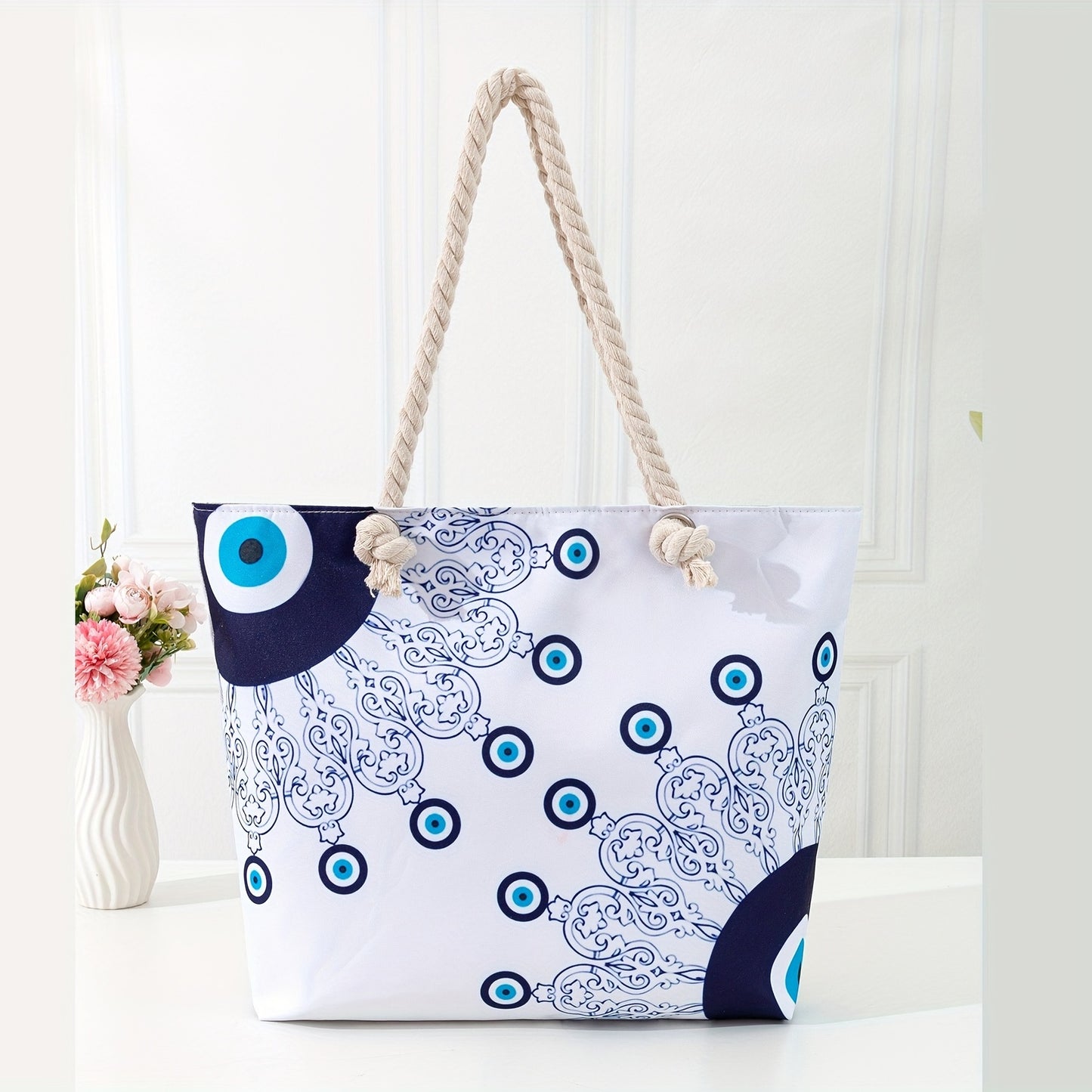 Beautiful Blue Deep Sea Printed Linen Fabric Tote Bag - Ethnic Style Large Capacity Canvas Bag for Women