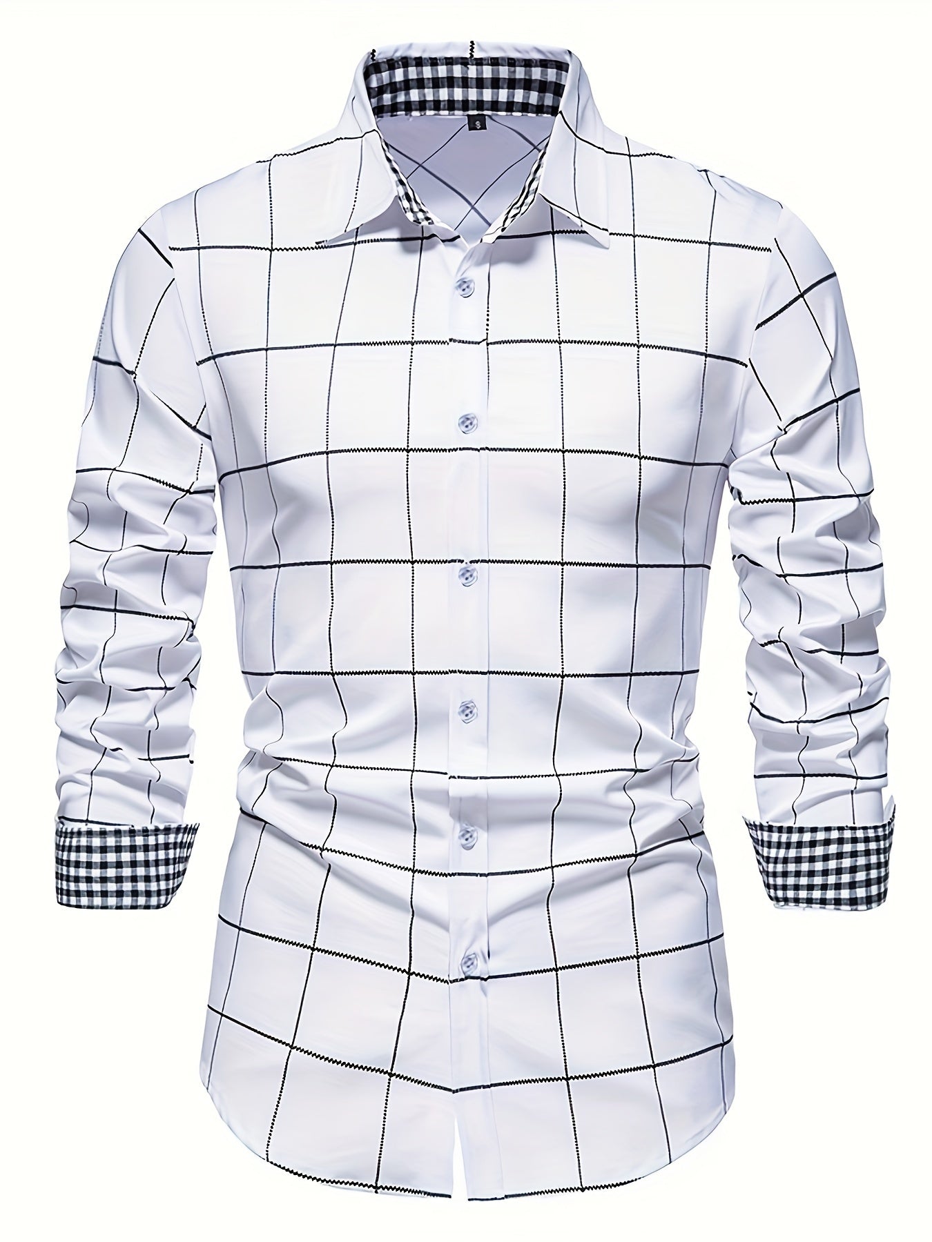 Men's Plaid Lapel Collar Design Dress Shirts, Long Sleeve Casual Button Up Shirt For Formal Occasions