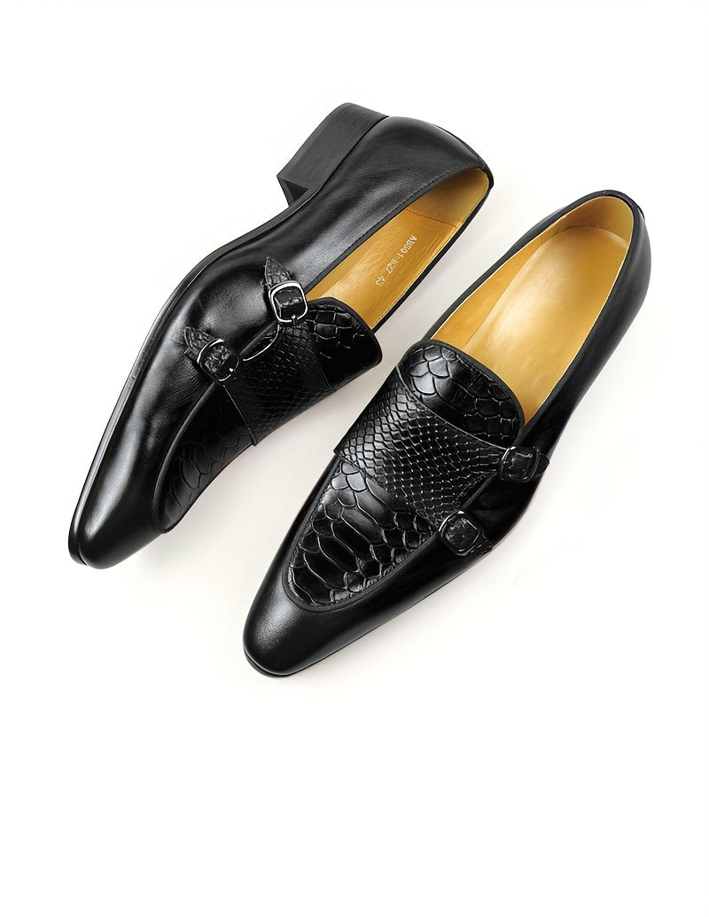 Men's Pointed-toe Double Monk Strap Loafers, Slip On Dress Shoes With Top Leather Uppers For Business Office Wedding Party