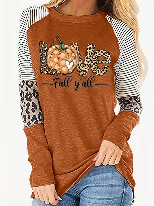 Pumpkin & Letter Print T-Shirt, Halloween Crew Neck Long Sleeve T-Shirt, Women's Clothing